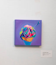 Load image into Gallery viewer, Ice Cream Team, is a mini painting inspired by Sunpeaks, alpine ski resort in Kamloops, Canada. 10x10 inches. Full colour slopes that cascade towards the perfect waffle cone. Original painting and stickers available in shop.