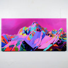 Load image into Gallery viewer, Kiss + Freedom. 24x48 inch canvas. Magenta skies and technicoloured mountain Tantalus range, painted by Laura Jane Klassen