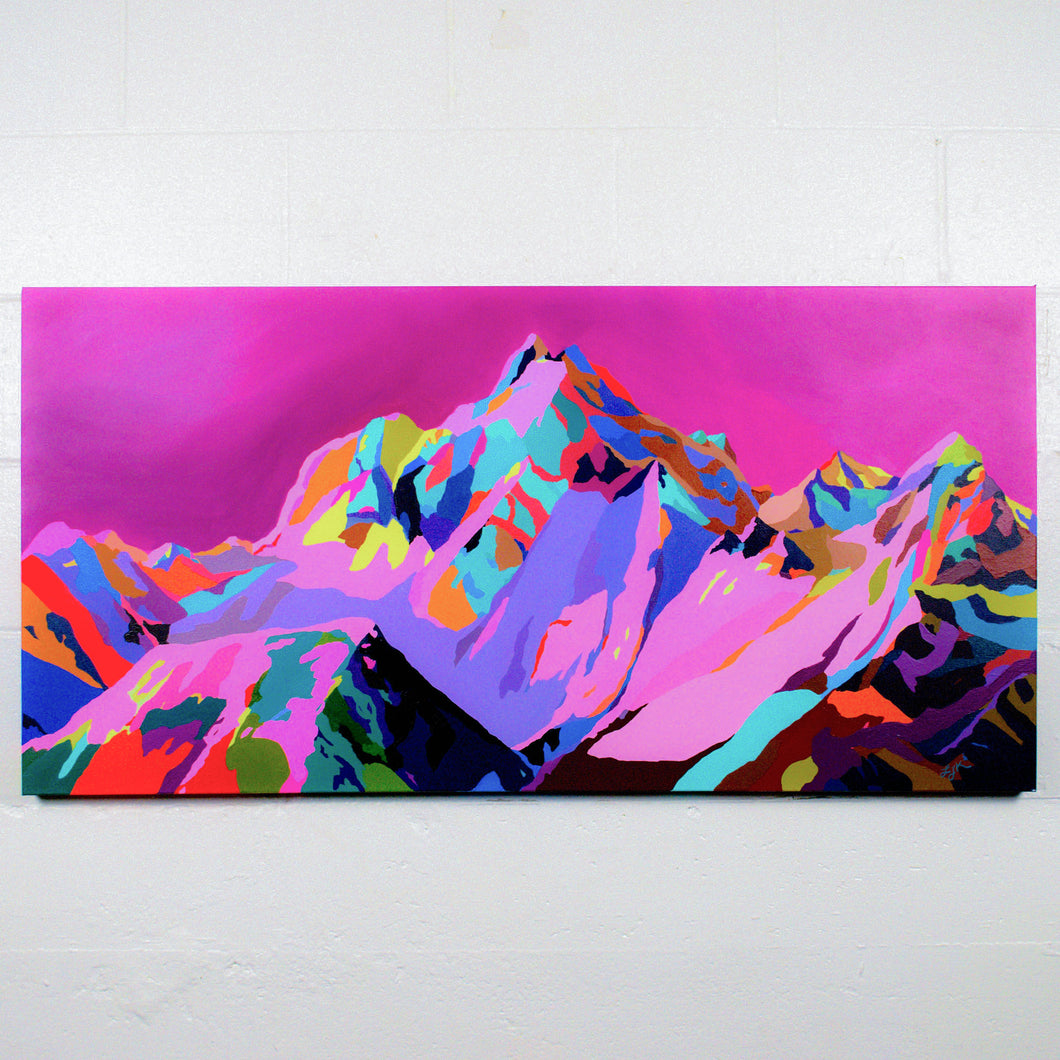 Kiss + Freedom. 24x48 inch canvas. Magenta skies and technicoloured mountain Tantalus range, painted by Laura Jane Klassen